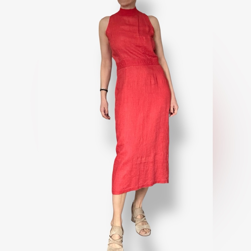 Vintage Red Linen Midi Dress With Button down Back - Picture 2 of 15